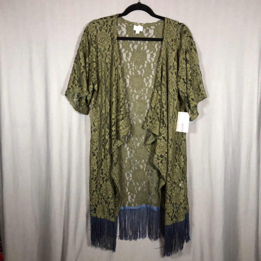 Lularoe NWT Monroe Kimono - Olive Green Lace & Blue Fringe Cover Up - Sz S